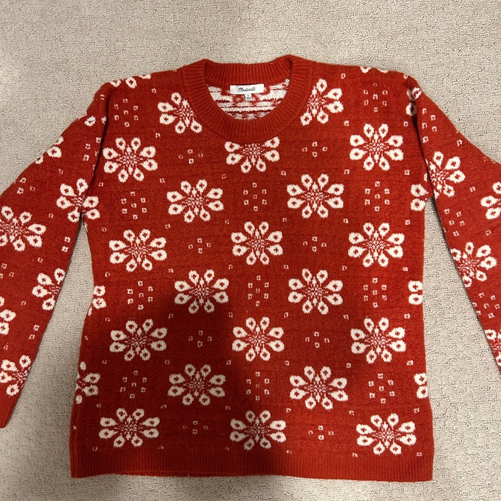 Madewell Red and White Floral Crew Neck Sweater